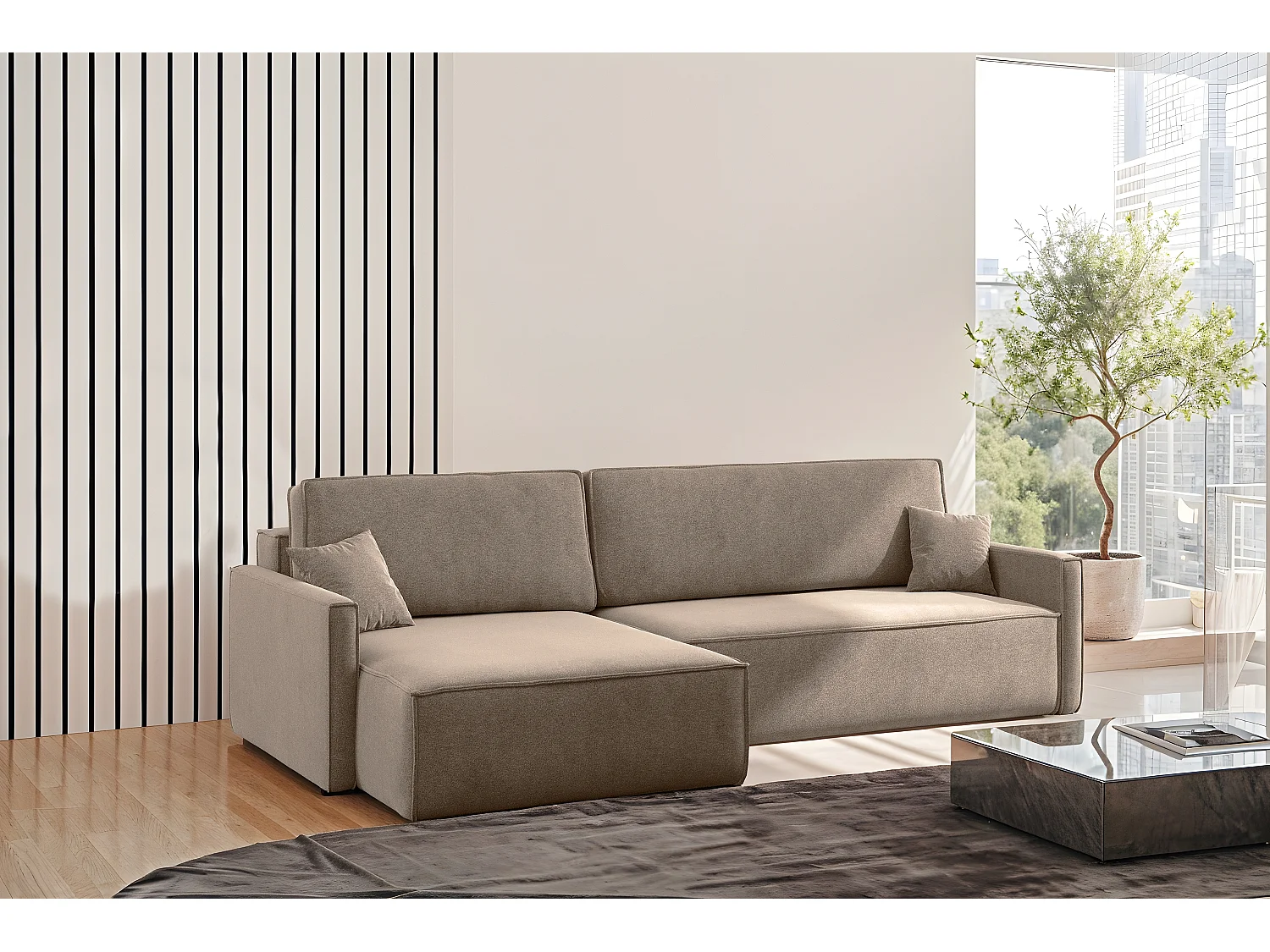 Schlafsofa Carlos L-Form, Ecksofa Mit Bettkasten Und Schlaffunktion Stoff Salvador Links Dunkelbeige