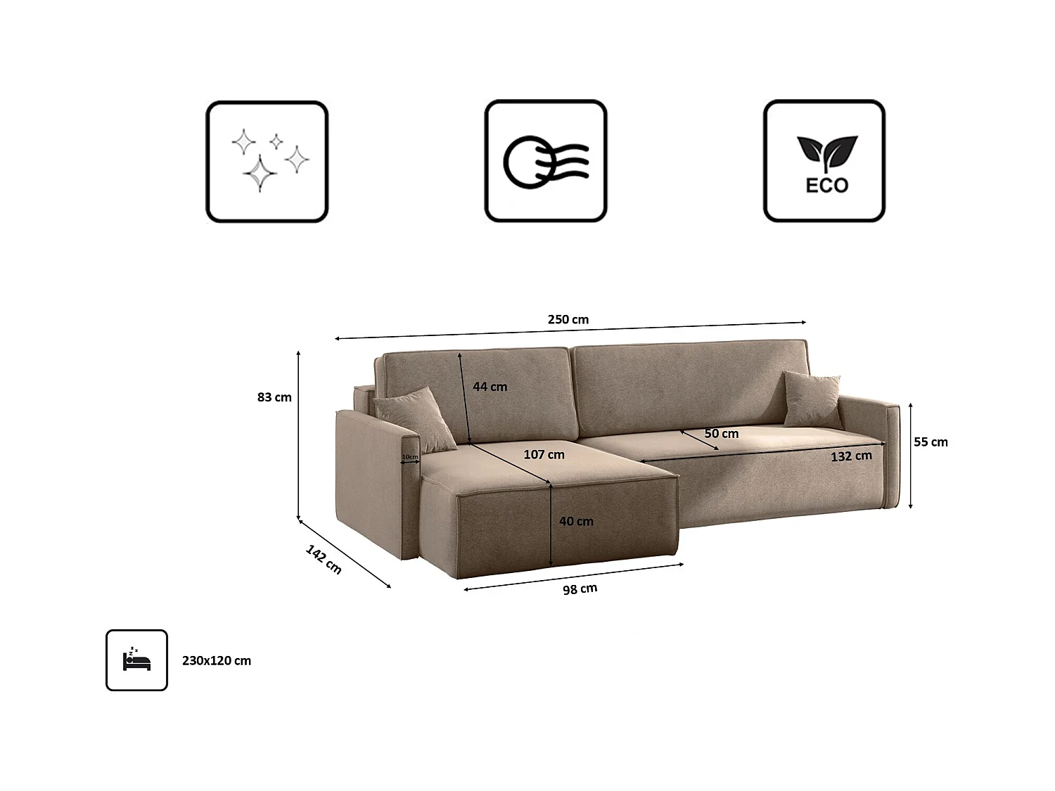 Schlafsofa Carlos L-Form, Ecksofa Mit Bettkasten Und Schlaffunktion Stoff Salvador Links Dunkelbeige