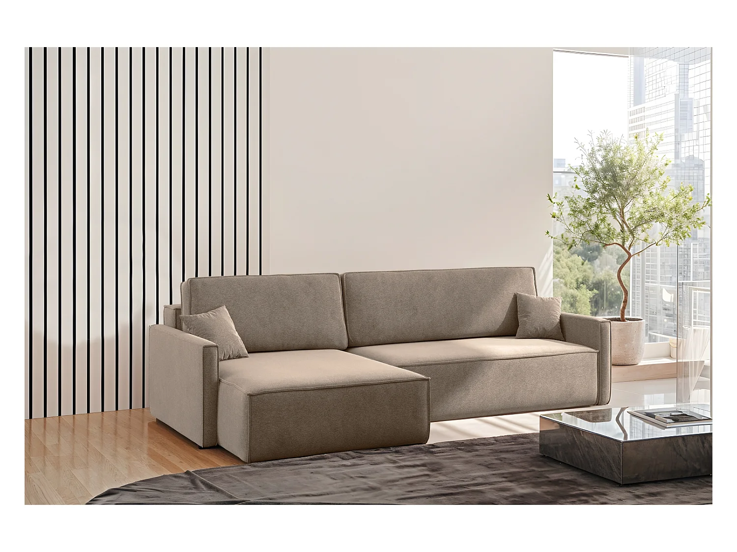 Schlafsofa Carlos L-Form, Ecksofa Mit Bettkasten Und Schlaffunktion Stoff Salvador Links Dunkelbeige