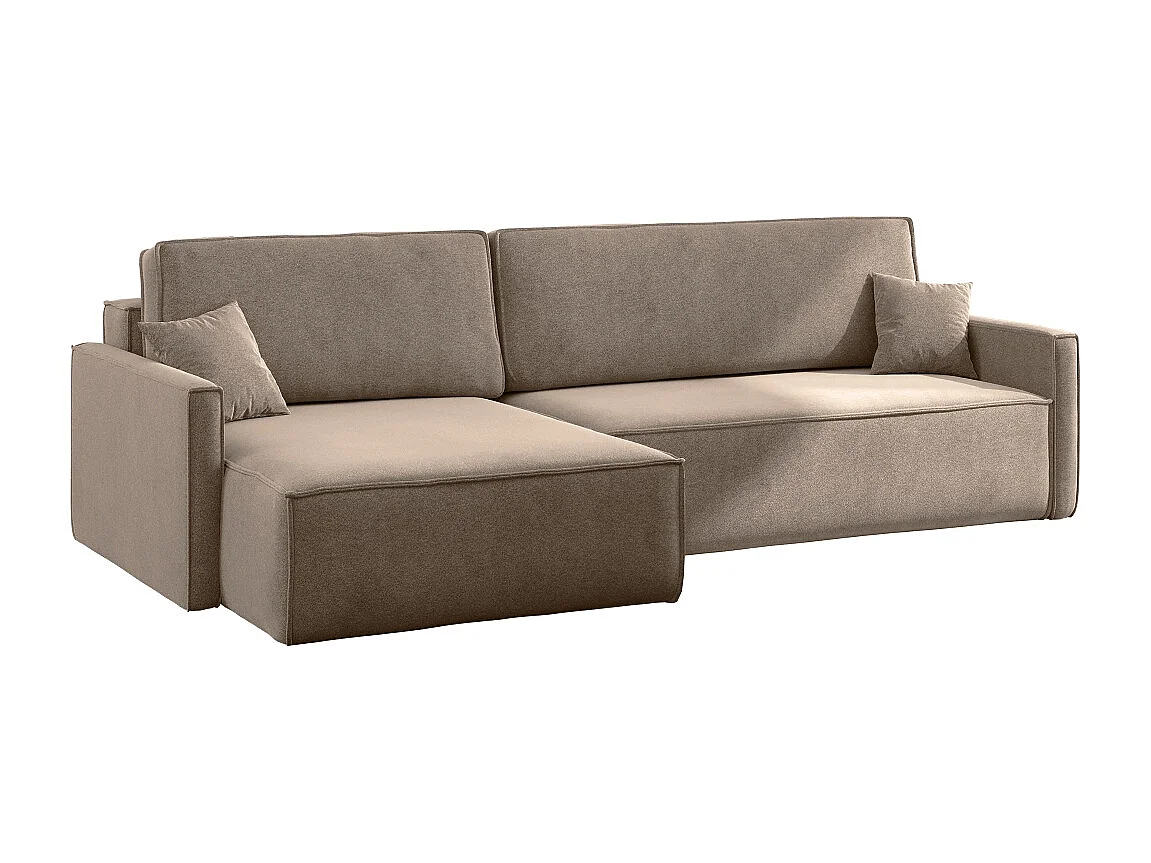 Canapé-lit en L Carlos, canapé d'angle avec coffre de lit et fonction couchage, tissu Salvador gauche beige foncé