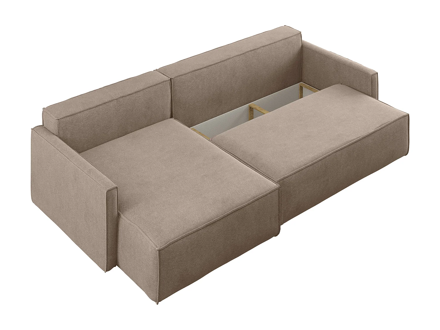 Canapé-lit en L Carlos, canapé d'angle avec coffre de lit et fonction couchage, tissu Salvador gauche beige foncé