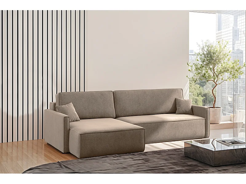 Canapé-lit en L Carlos, canapé d'angle avec coffre de lit et fonction couchage, tissu Salvador gauche beige foncé