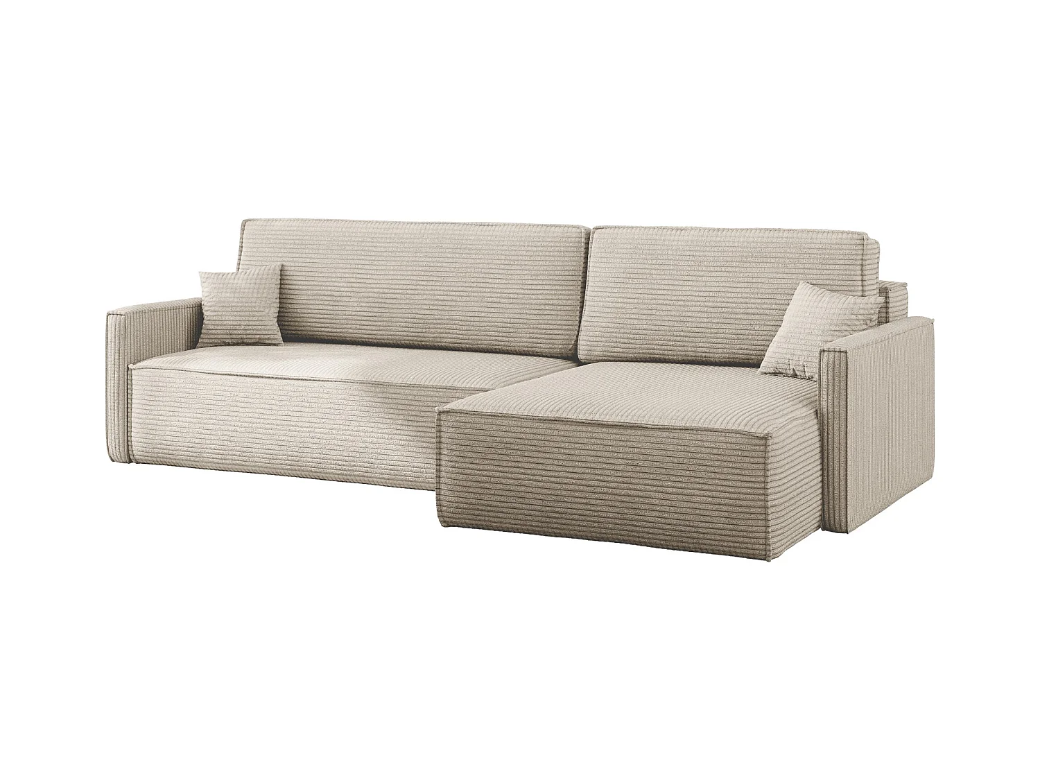 Canapé-lit Carlos, canapé d'angle en L avec fonction couchage et coffre de lit, tissu Poso Beige, droite