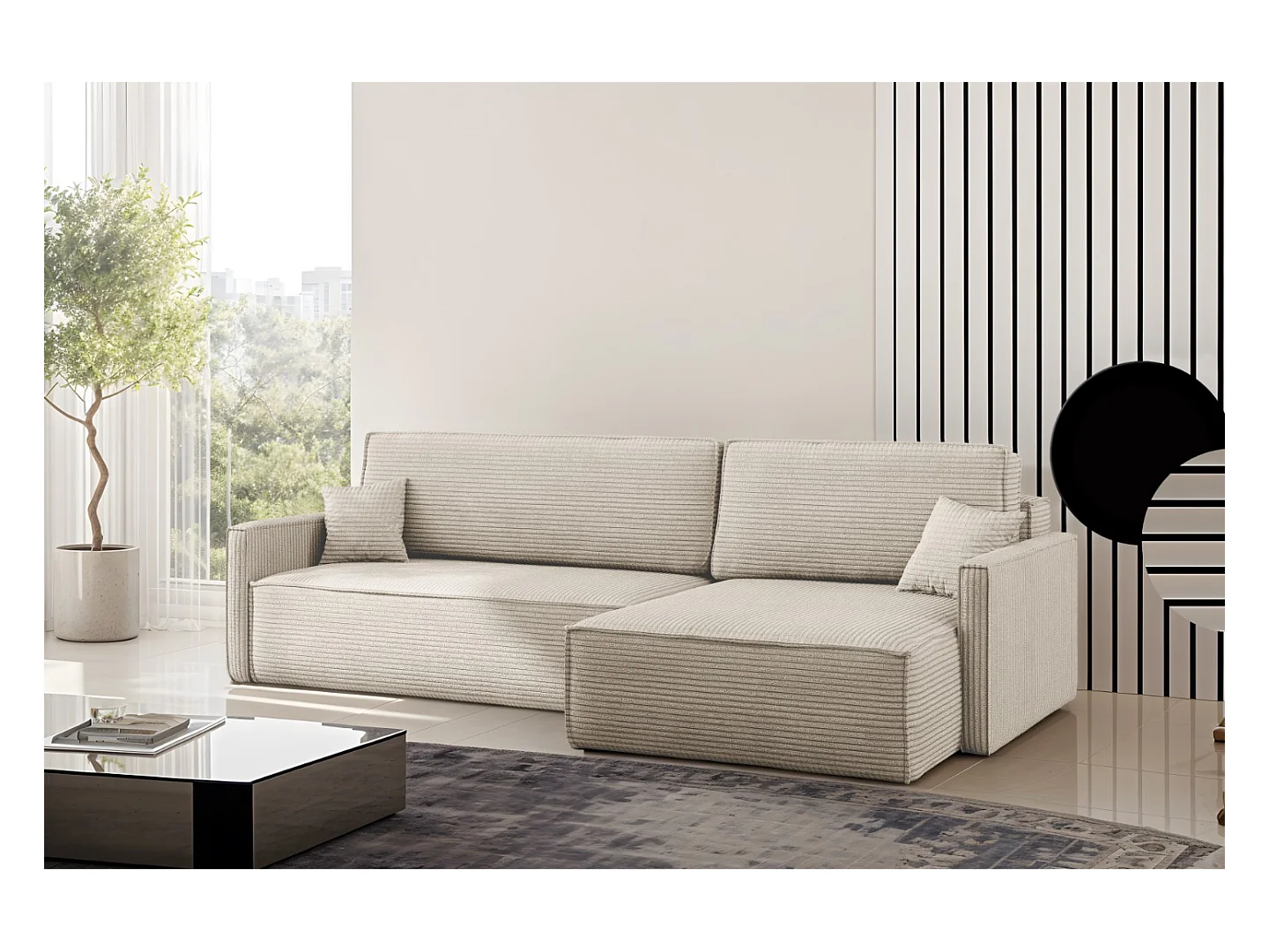 Schlafsofa Carlos, Ecksofa L-Form mit schlaffunktion und bettkasten Stoff Poso Beige Rechts
