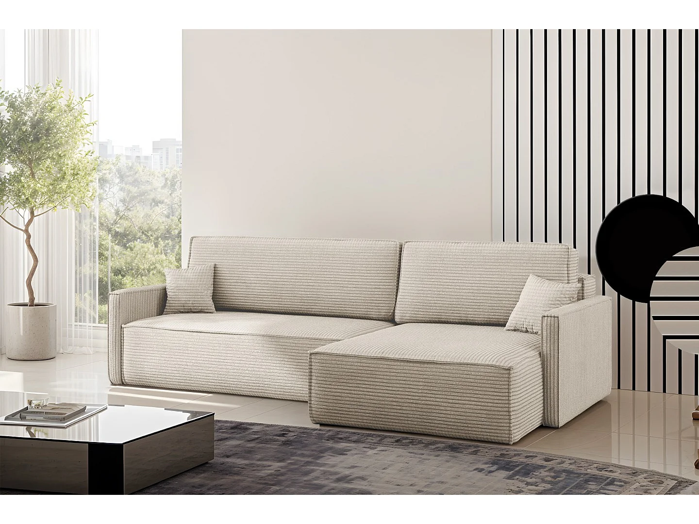 Canapé-lit Carlos, canapé d'angle en L avec fonction couchage et coffre de lit, tissu Poso Beige, droite