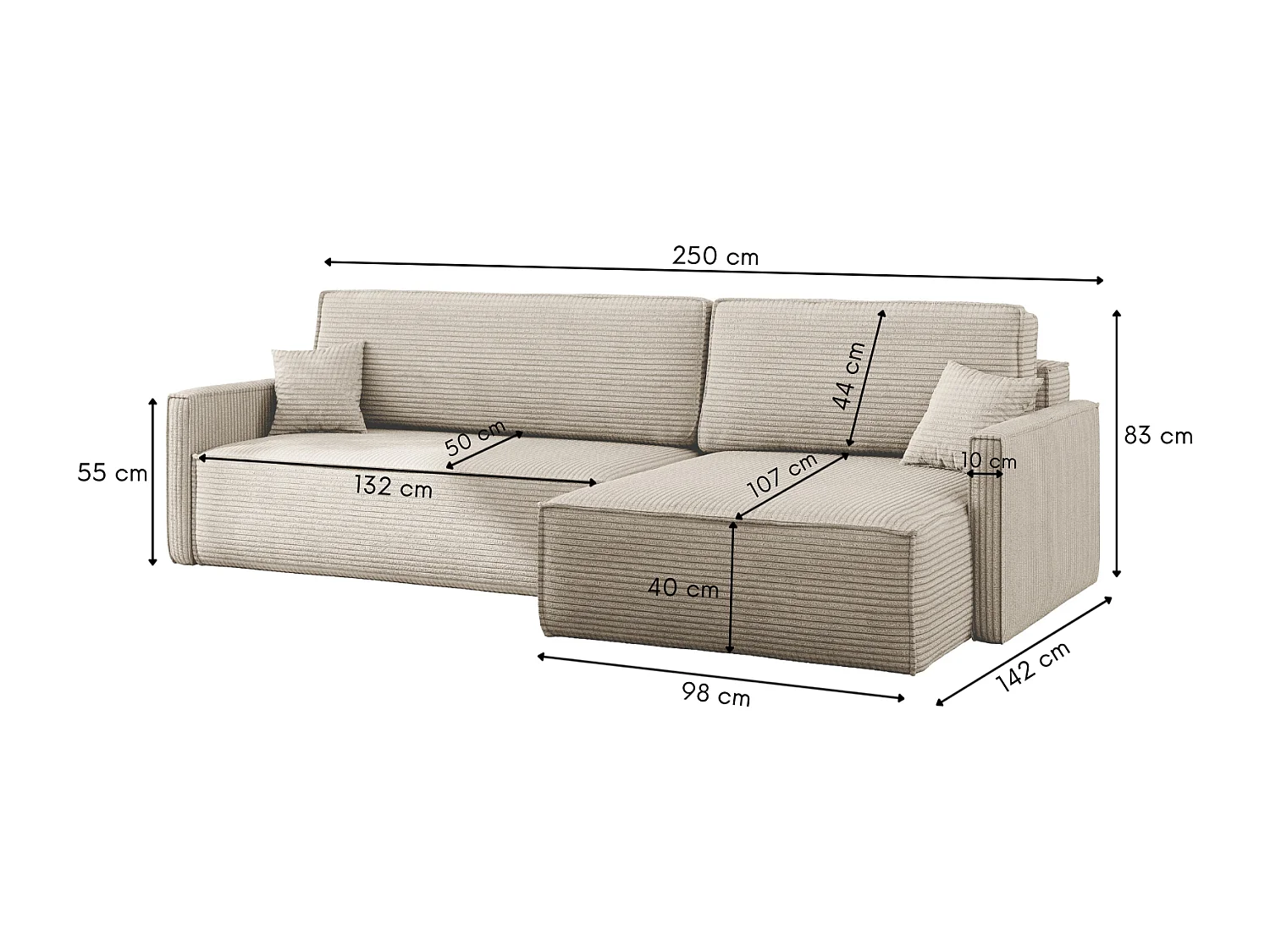 Canapé-lit Carlos, canapé d'angle en L avec fonction couchage et coffre de lit, tissu Poso Beige, droite