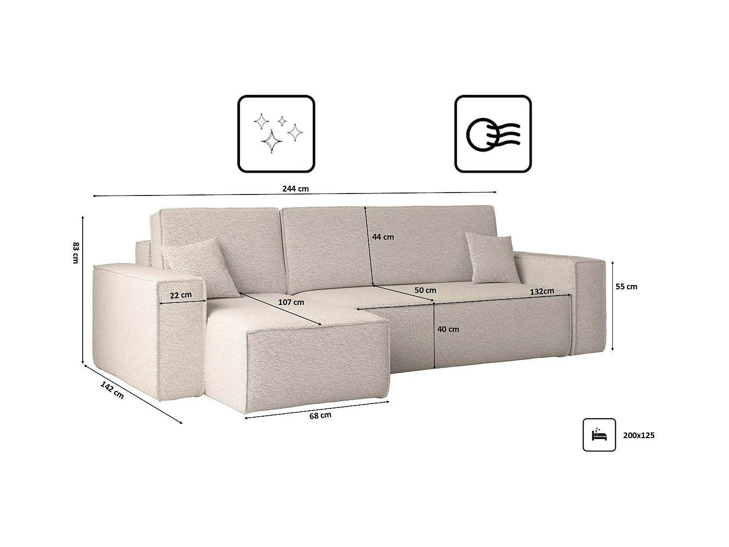 Ecksofa mit schlaffunktion und bettkasten, Ecksofa L-Form, Eckcouch L-Form BEST stoff Abriamo Beige Links
