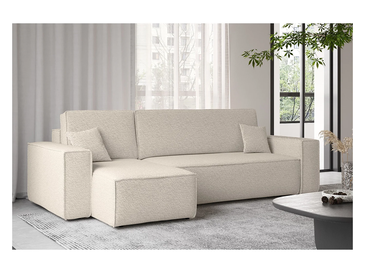 Canapé d'angle avec fonction couchage et coffre de lit, canapé d'angle en L, canapé d'angle en L BEST tissu Abriamo Beige Gauche