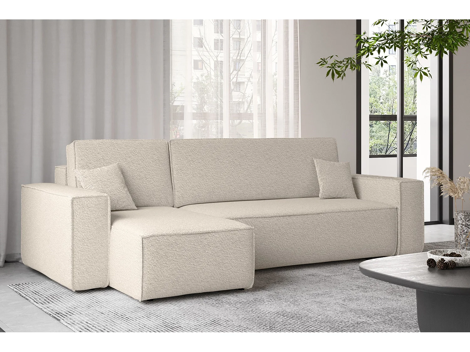 Canapé d'angle avec fonction couchage et coffre de lit, canapé d'angle en L, canapé d'angle en L BEST tissu Abriamo Beige Gauche