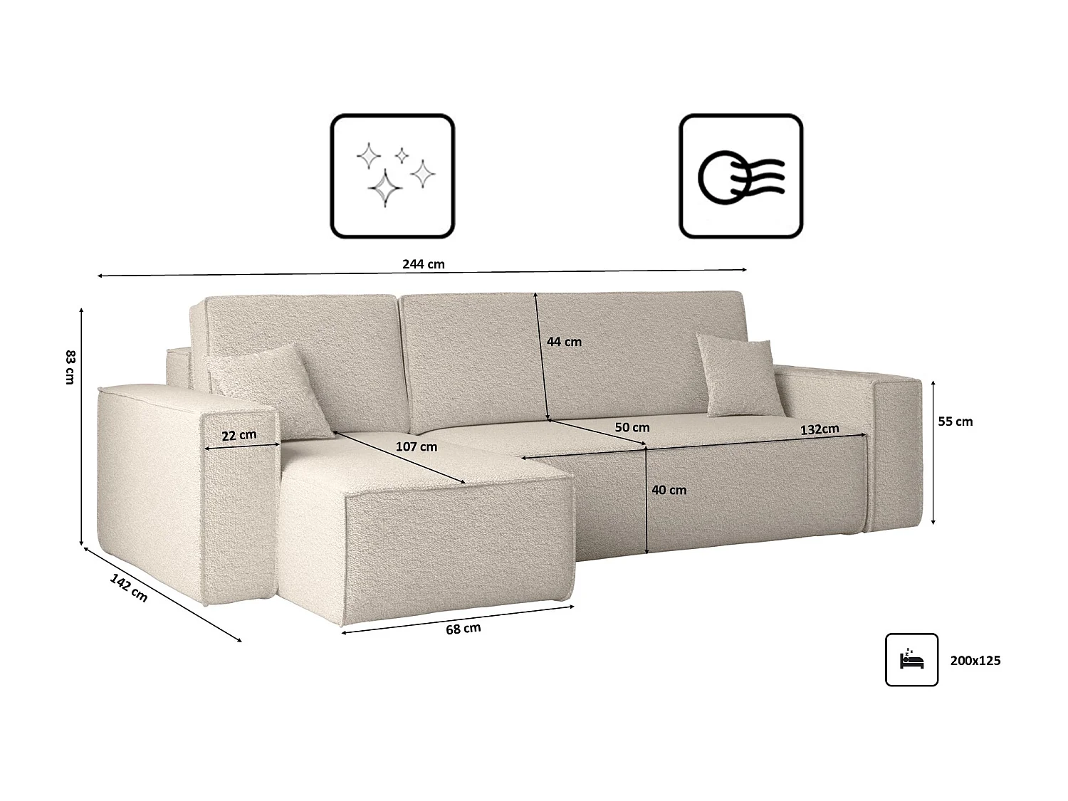 Canapé d'angle avec fonction couchage et coffre de lit, canapé d'angle en L, canapé d'angle en L BEST tissu Abriamo Beige Gauche