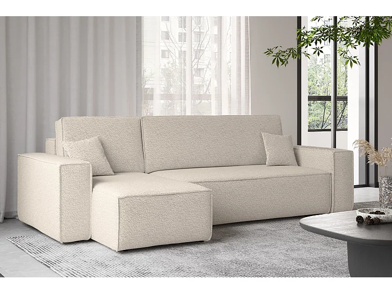 Canapé d'angle avec fonction couchage et coffre de lit, canapé d'angle en L, canapé d'angle en L BEST tissu Abriamo Beige Gauche