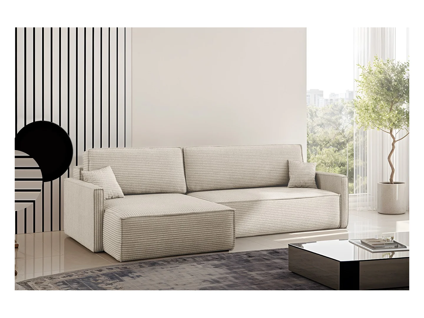 Canapé-lit Carlos, canapé d'angle en L avec fonction couchage et coffre de lit, tissu Poso Beige Gauche