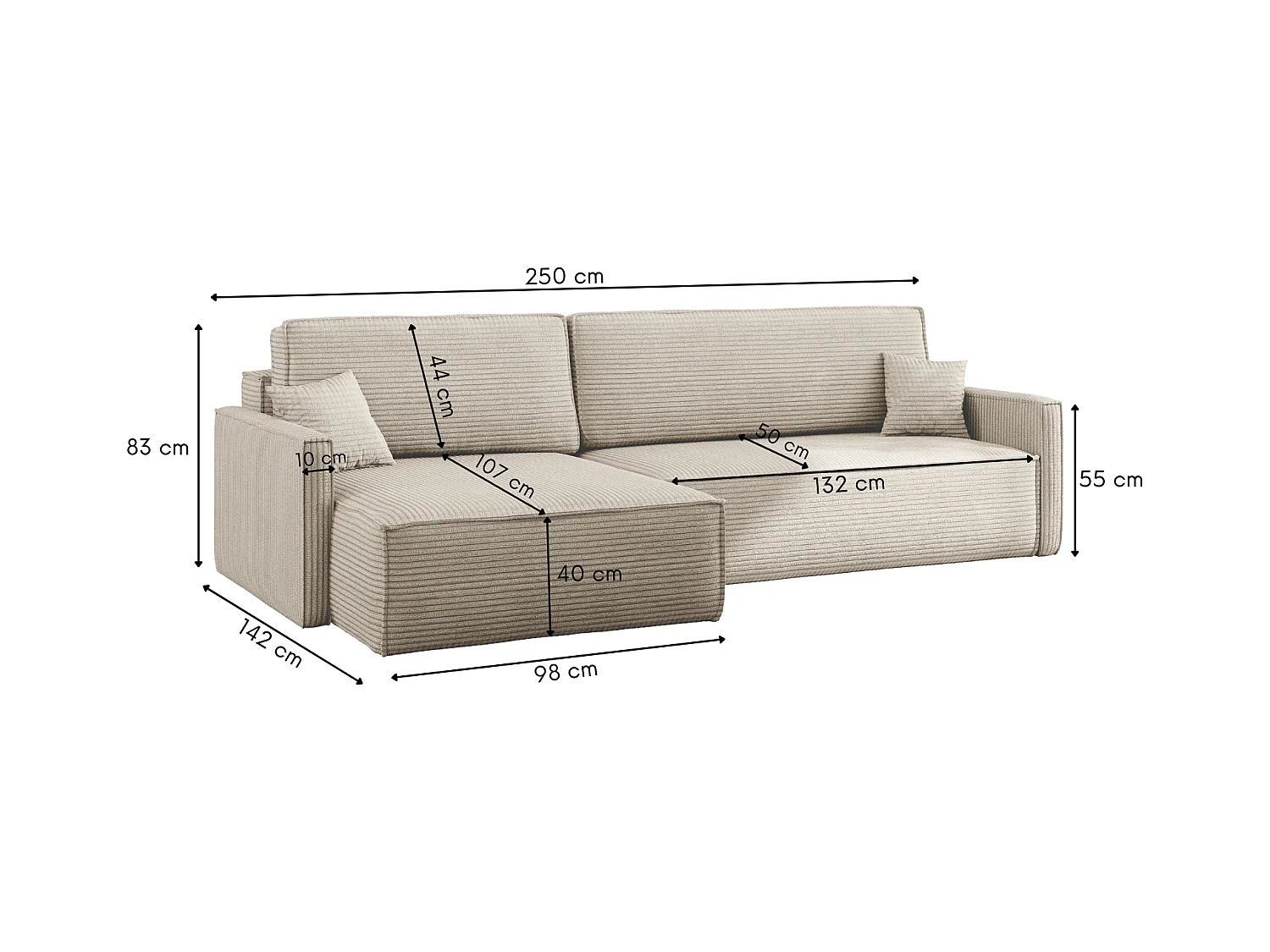 Canapé-lit Carlos, canapé d'angle en L avec fonction couchage et coffre de lit, tissu Poso Beige Gauche