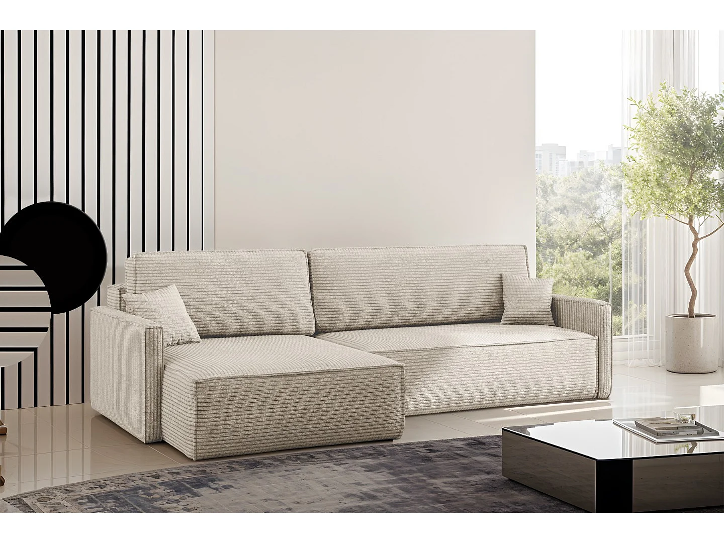 Canapé-lit Carlos, canapé d'angle en L avec fonction couchage et coffre de lit, tissu Poso Beige Gauche