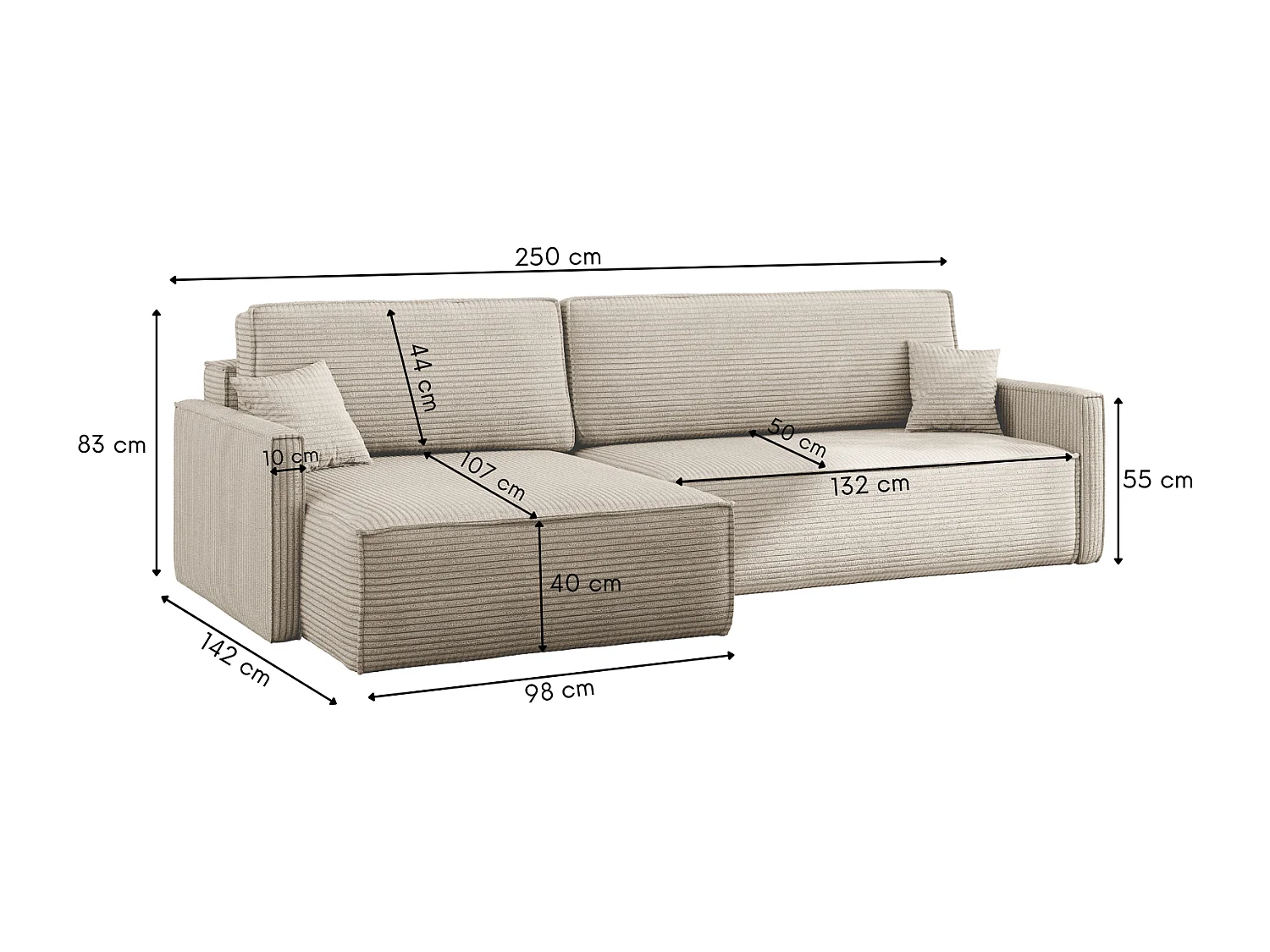 Canapé-lit Carlos, canapé d'angle en L avec fonction couchage et coffre de lit, tissu Poso Beige Gauche