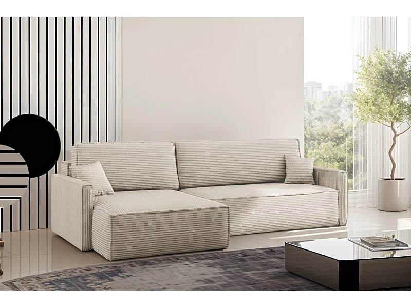 Canapé-lit Carlos, canapé d'angle en L avec fonction couchage et coffre de lit, tissu Poso Beige Gauche