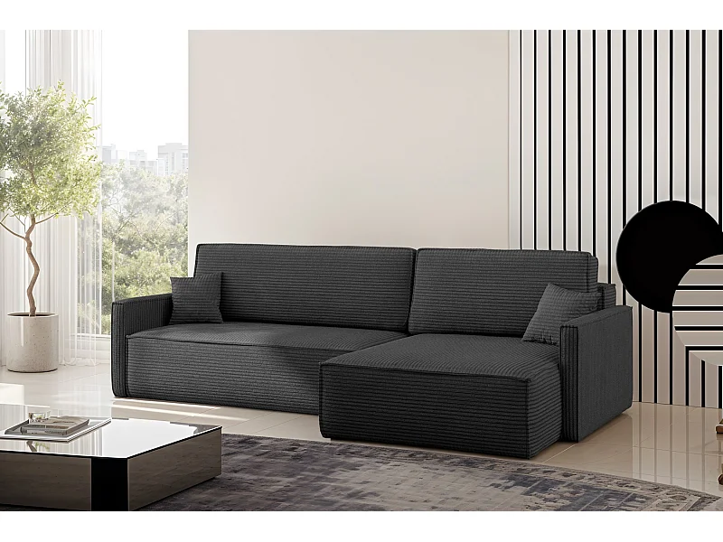 Schlafsofa Carlos, Ecksofa L-Form mit schlaffunktion und bettkasten Stoff Poso Graphit Rechts