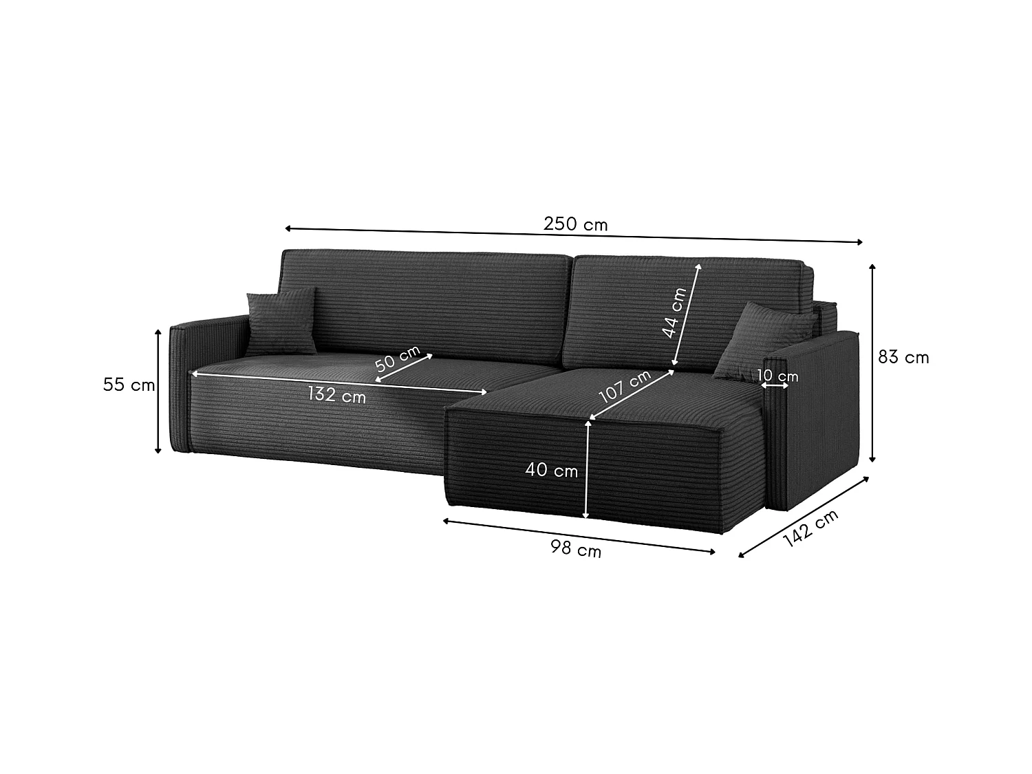 Schlafsofa Carlos, Ecksofa L-Form mit schlaffunktion und bettkasten Stoff Poso Graphit Rechts