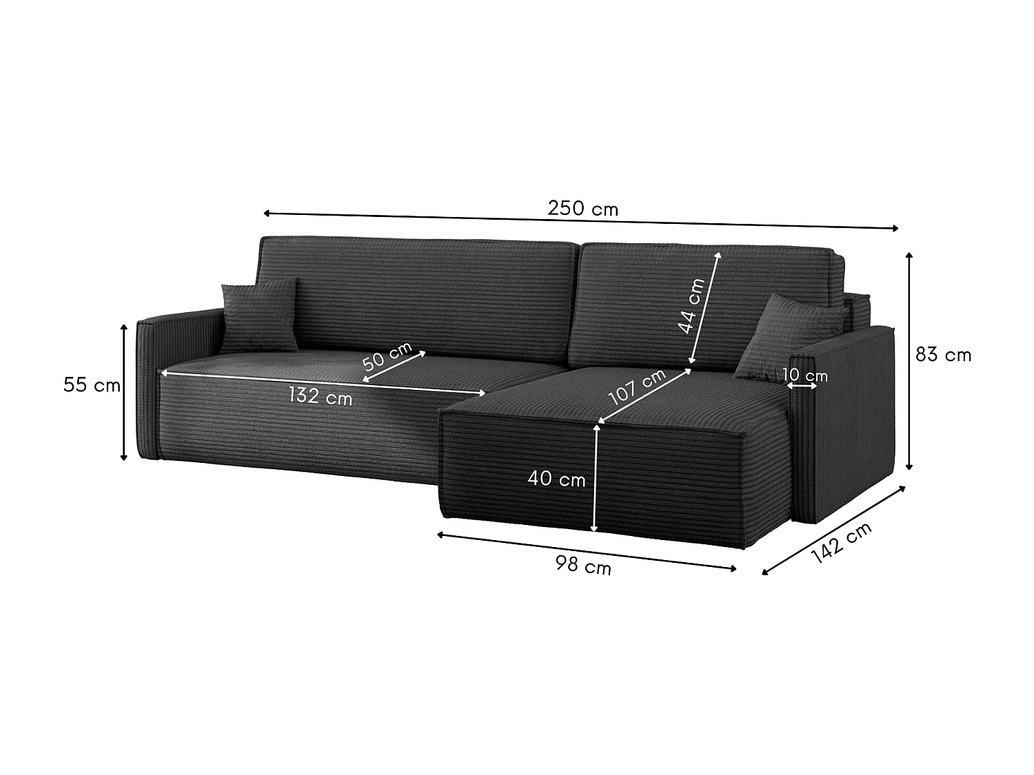Schlafsofa Carlos, Ecksofa L-Form mit schlaffunktion und bettkasten Stoff Poso Graphit Rechts