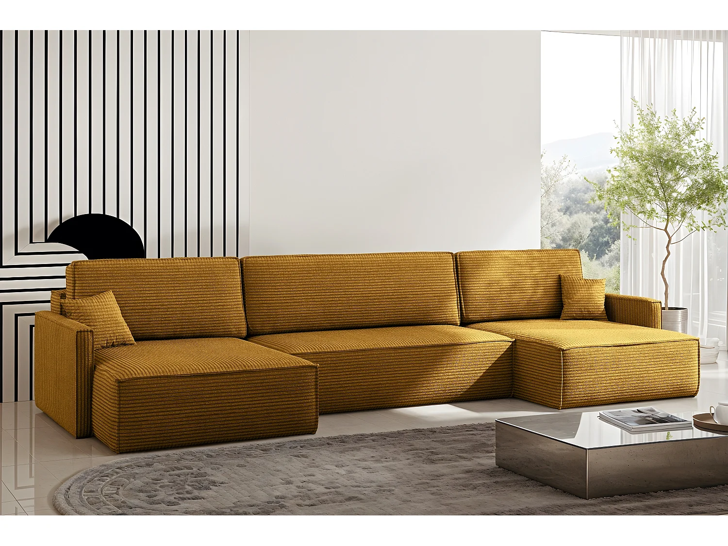 Ecksofa Carlos Mit Schlaffunktion und Bettkasten Elegante Stoff Poso Senffarbe