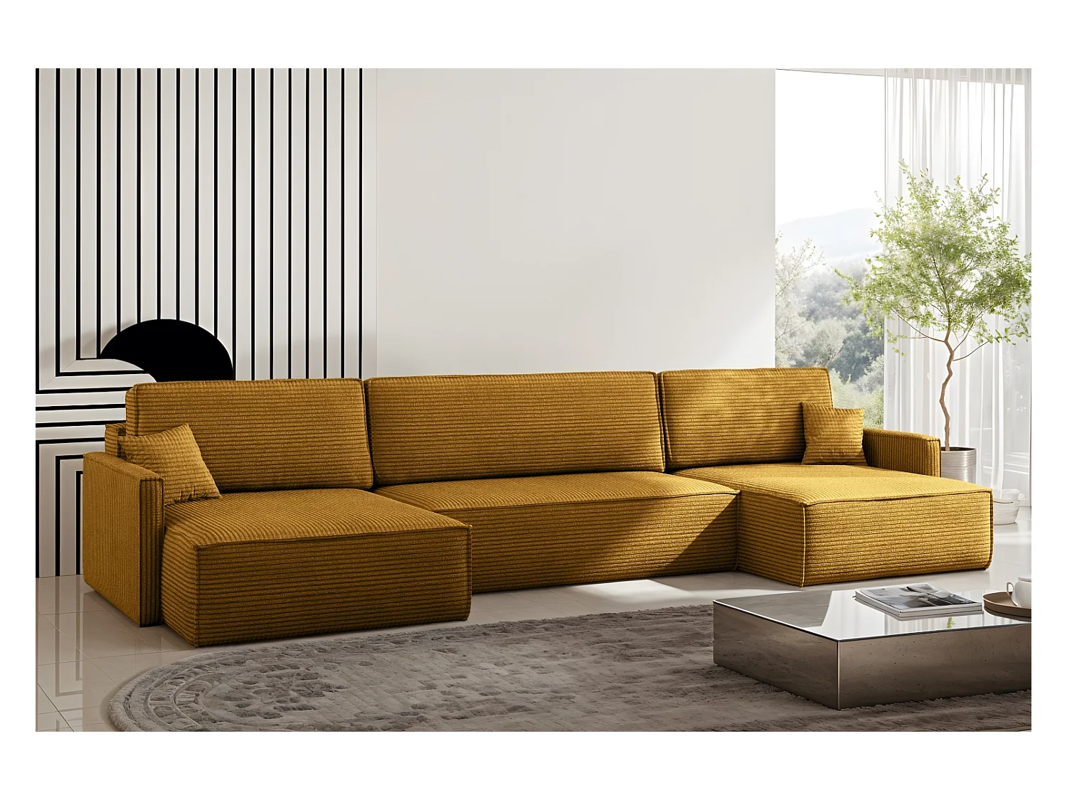 Divano angolare Carlos con funzione letto e box letto Tessuto elegante Poso color senape