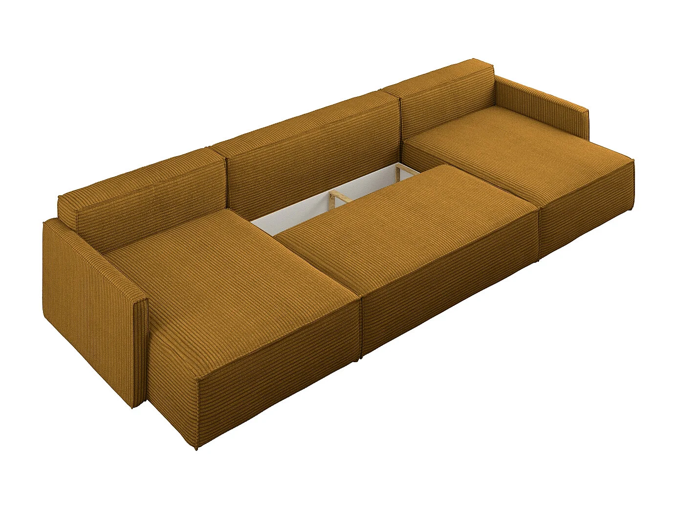 Canapé d'angle Carlos avec fonction couchage et coffre de lit Tissu élégant Poso couleur moutarde