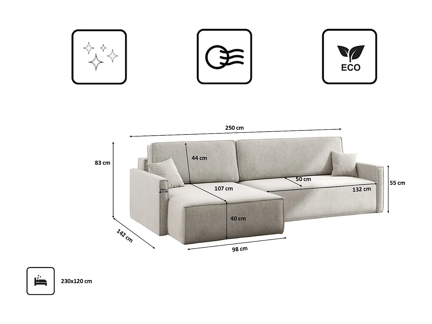 Schlafsofa Carlos L-Form, Ecksofa Mit Bettkasten Und Schlaffunktion Stoff Salvador Links Hellgrau