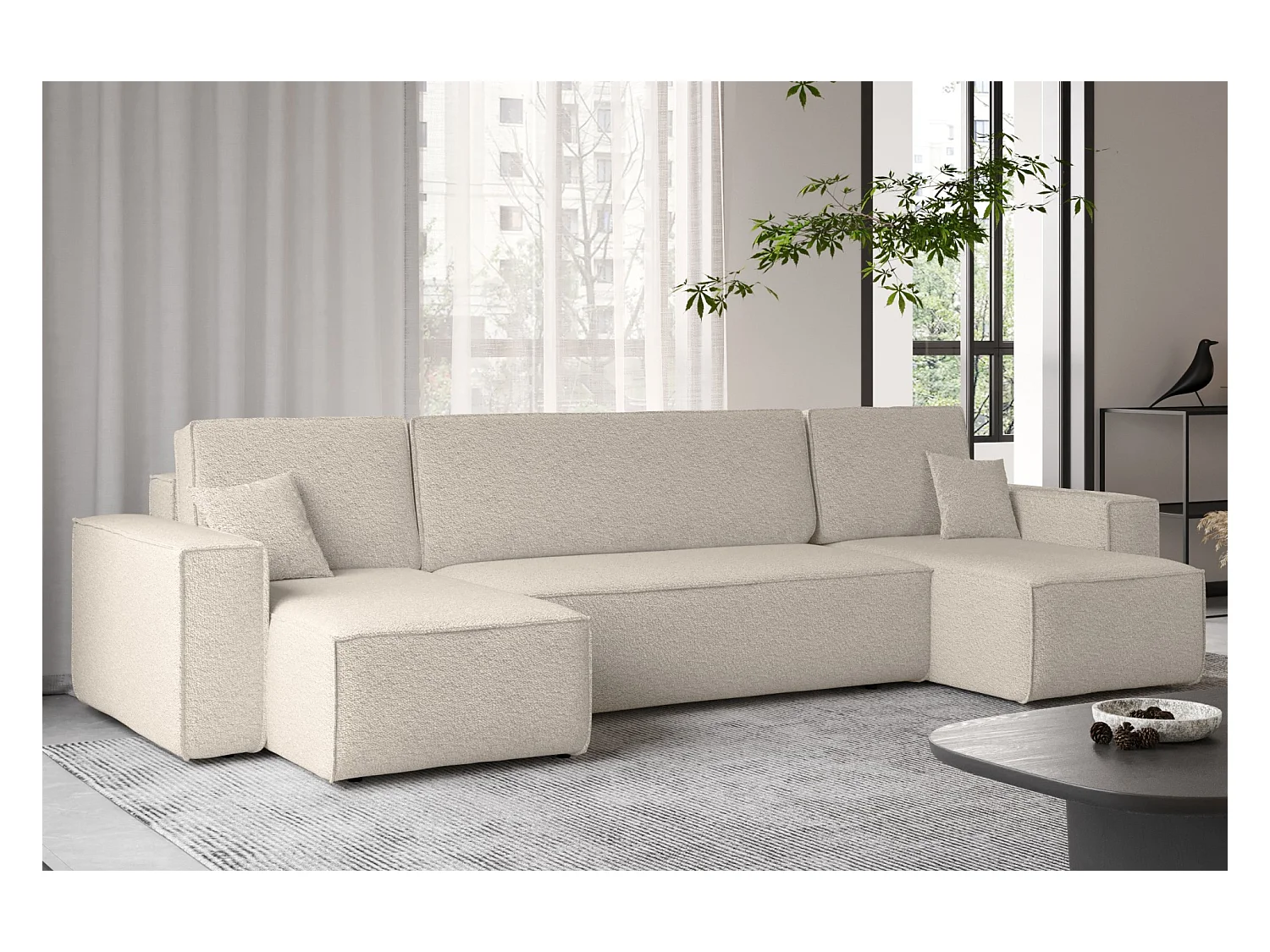 Ecksofa mit schlaffunktion und bettkasten, Sofa U-form, Couch U-form BEST stoff Abriamo Beige