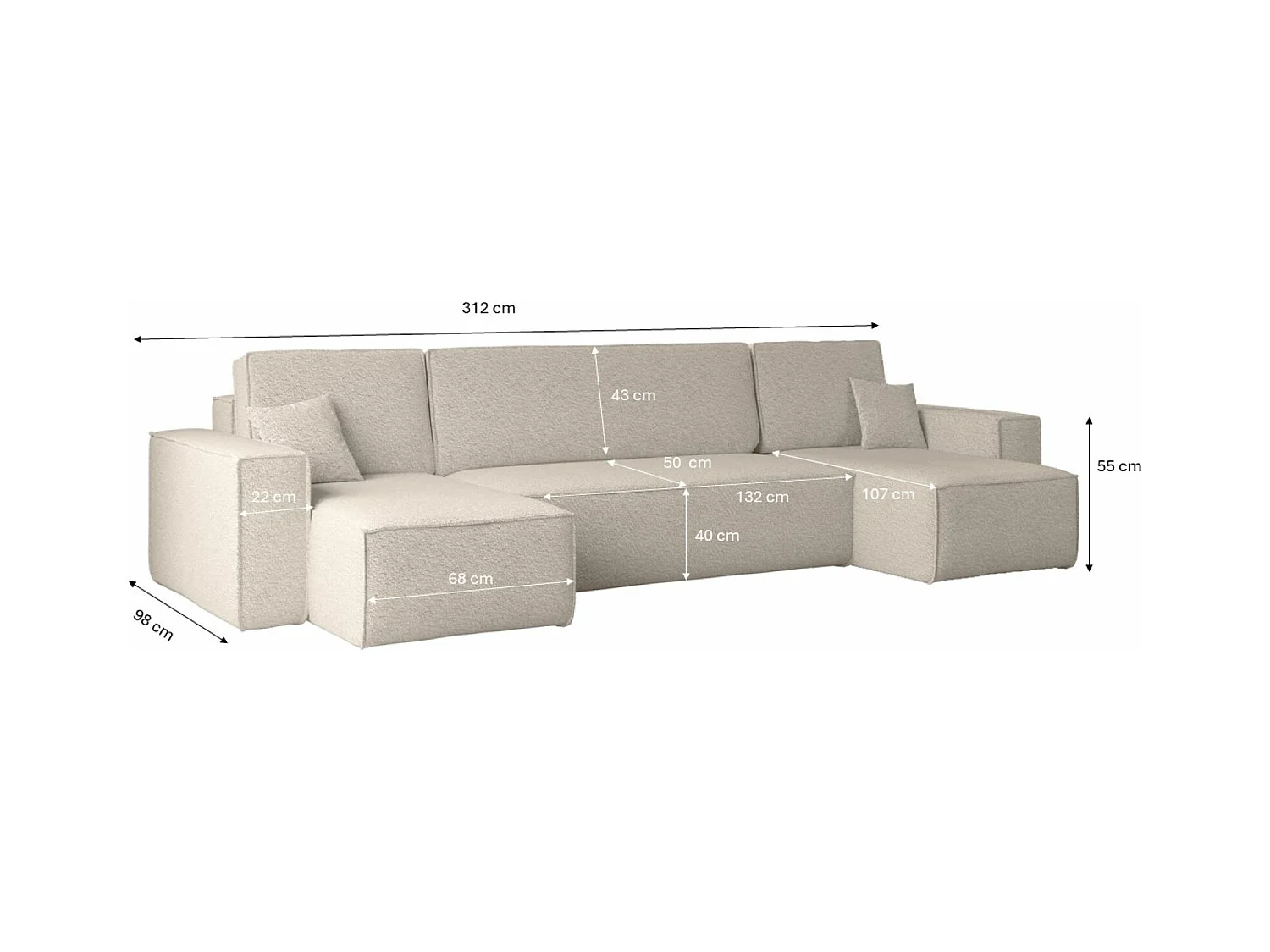 Ecksofa mit schlaffunktion und bettkasten, Sofa U-form, Couch U-form BEST stoff Abriamo Beige