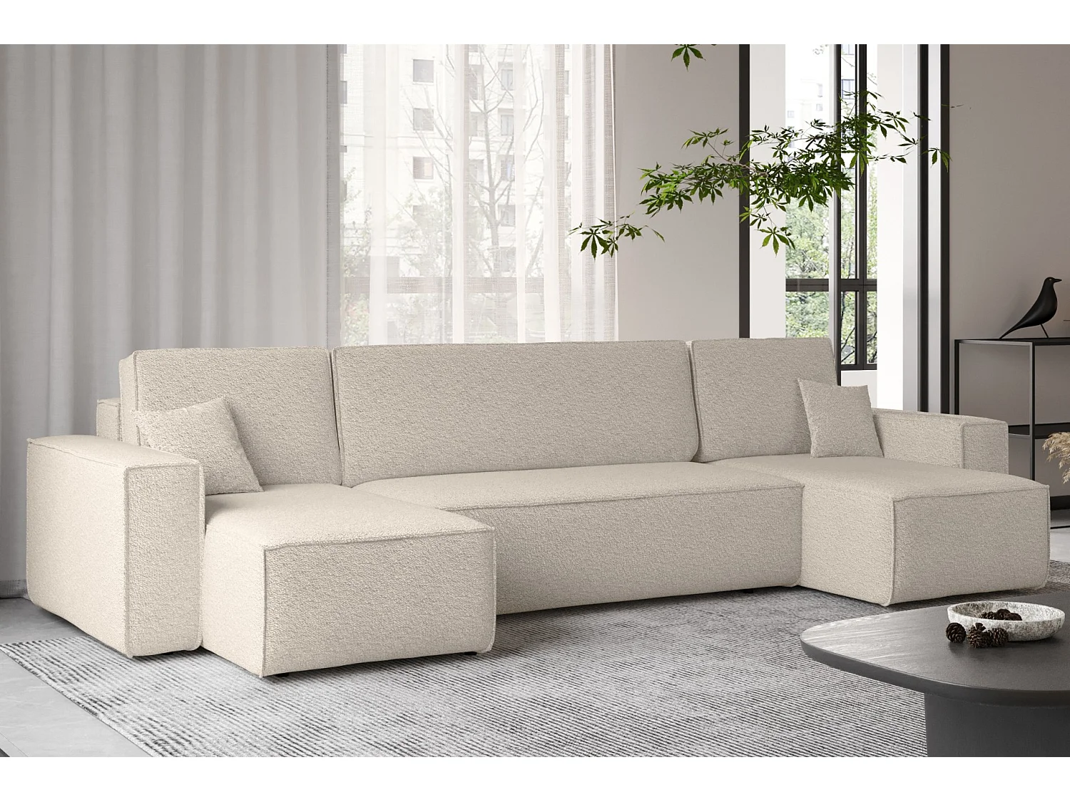 Canapé d'angle avec fonction couchage et coffre de lit, canapé en U, canapé en U BEST tissu Abriamo Beige