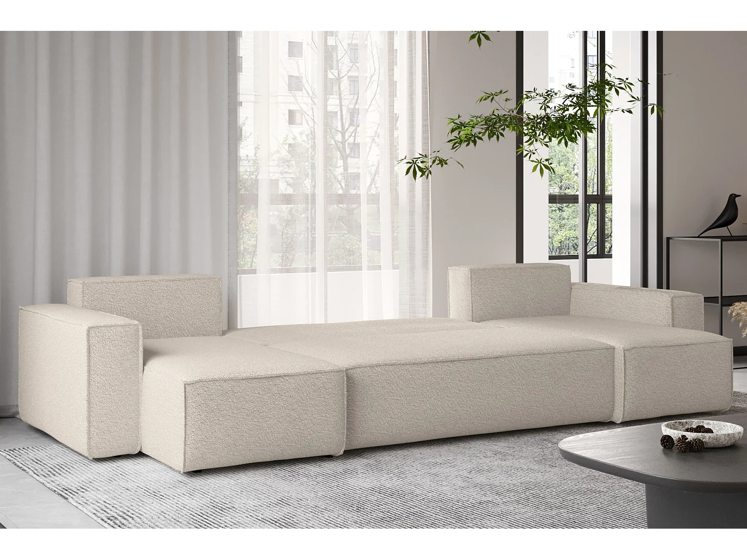 Canapé d'angle avec fonction couchage et coffre de lit, canapé en U, canapé en U BEST tissu Abriamo Beige