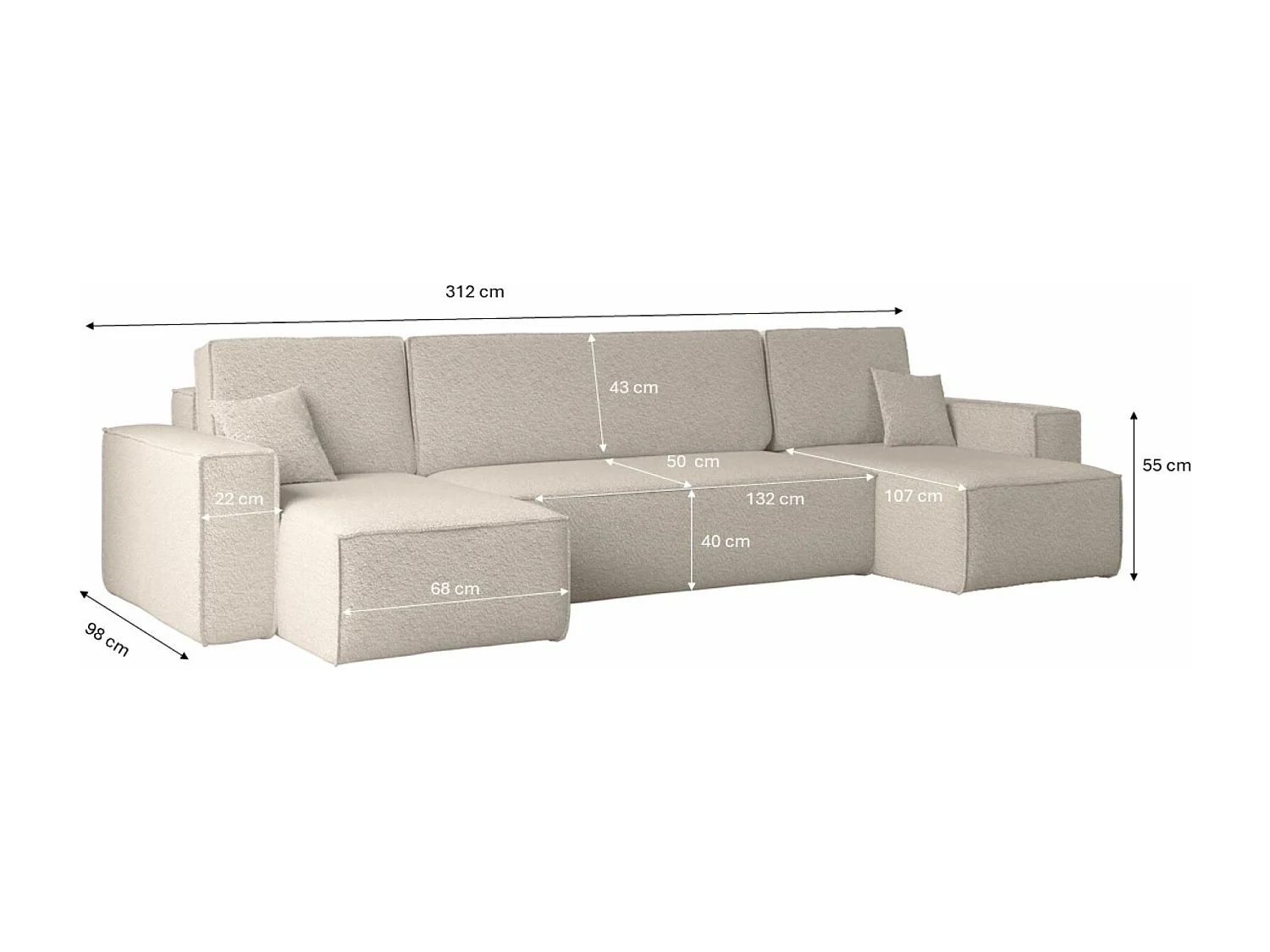 Canapé d'angle avec fonction couchage et coffre de lit, canapé en U, canapé en U BEST tissu Abriamo Beige