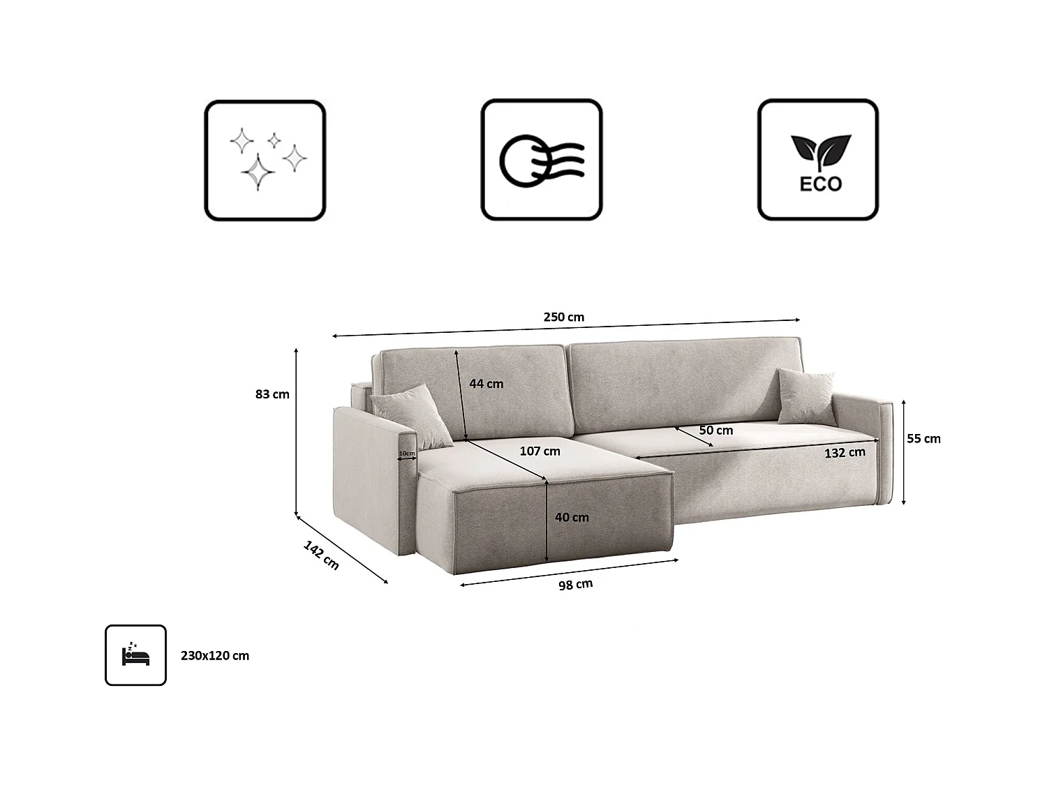 Schlafsofa Carlos L-Form, Ecksofa Mit Bettkasten Und Schlaffunktion Stoff Salvador Links Beige