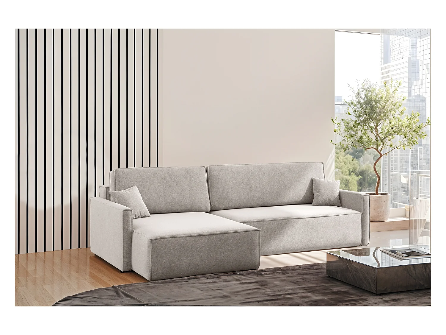 Divano letto a L Carlos, divano angolare con contenitore e funzione letto, tessuto Salvador Left Beige