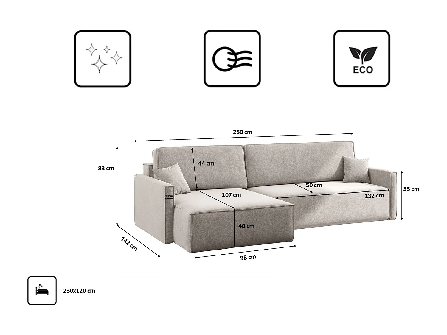 Canapé-lit en L Carlos, canapé d'angle avec coffre de lit et fonction couchage, tissu Salvador Left Beige