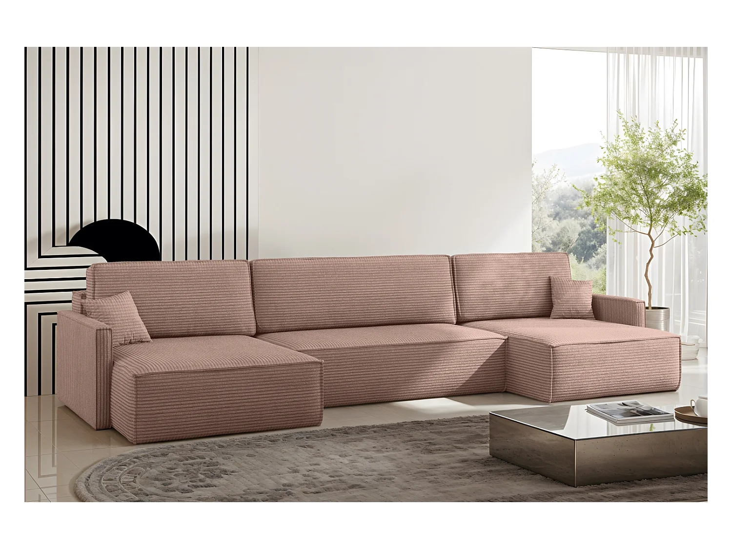 Divano angolare Carlos con funzione letto e box letto Tessuto elegante Poso Rosa
