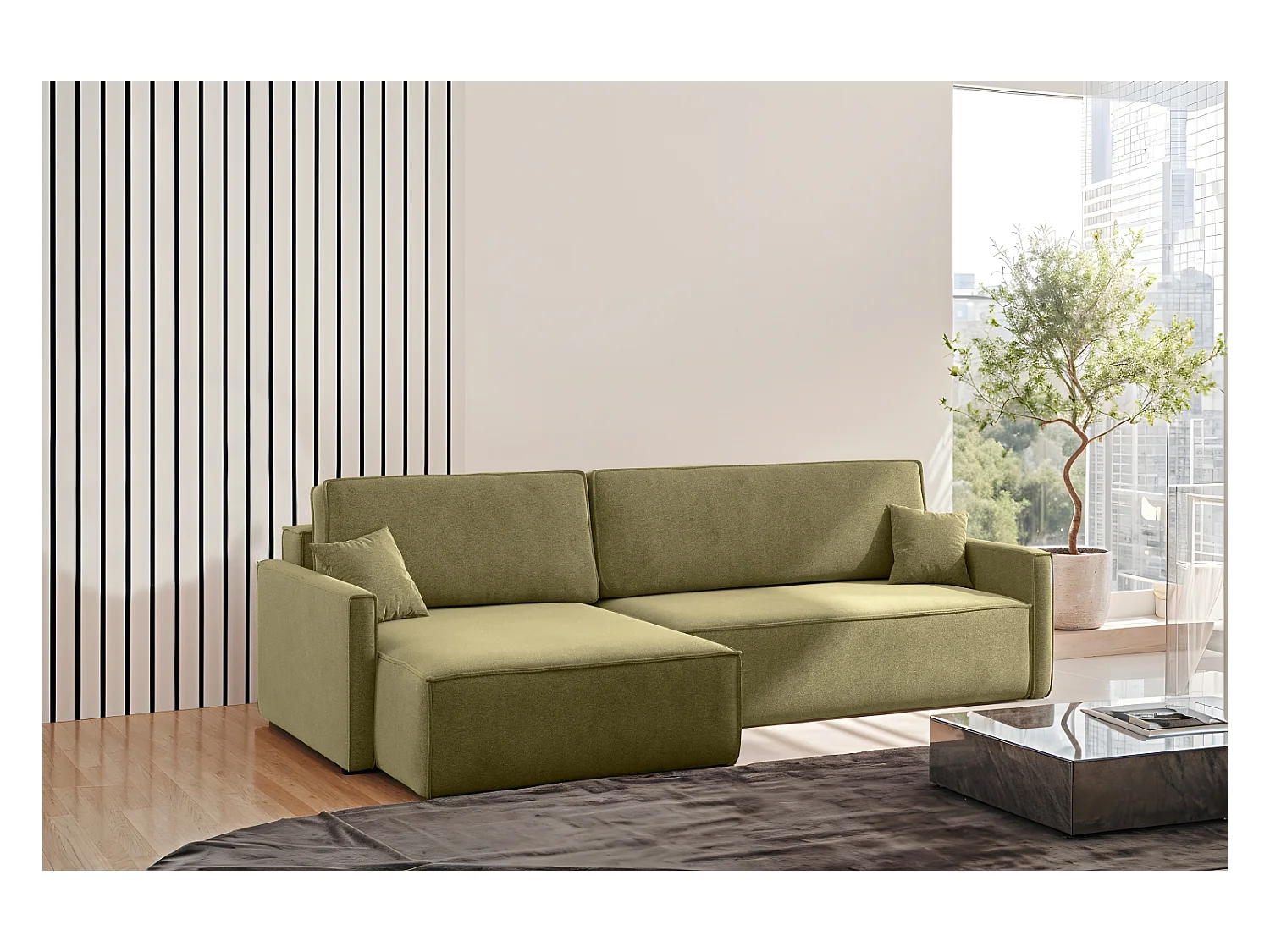 Schlafsofa Carlos L-Form, Ecksofa Mit Bettkasten Und Schlaffunktion Stoff Salvador Rechts Olive
