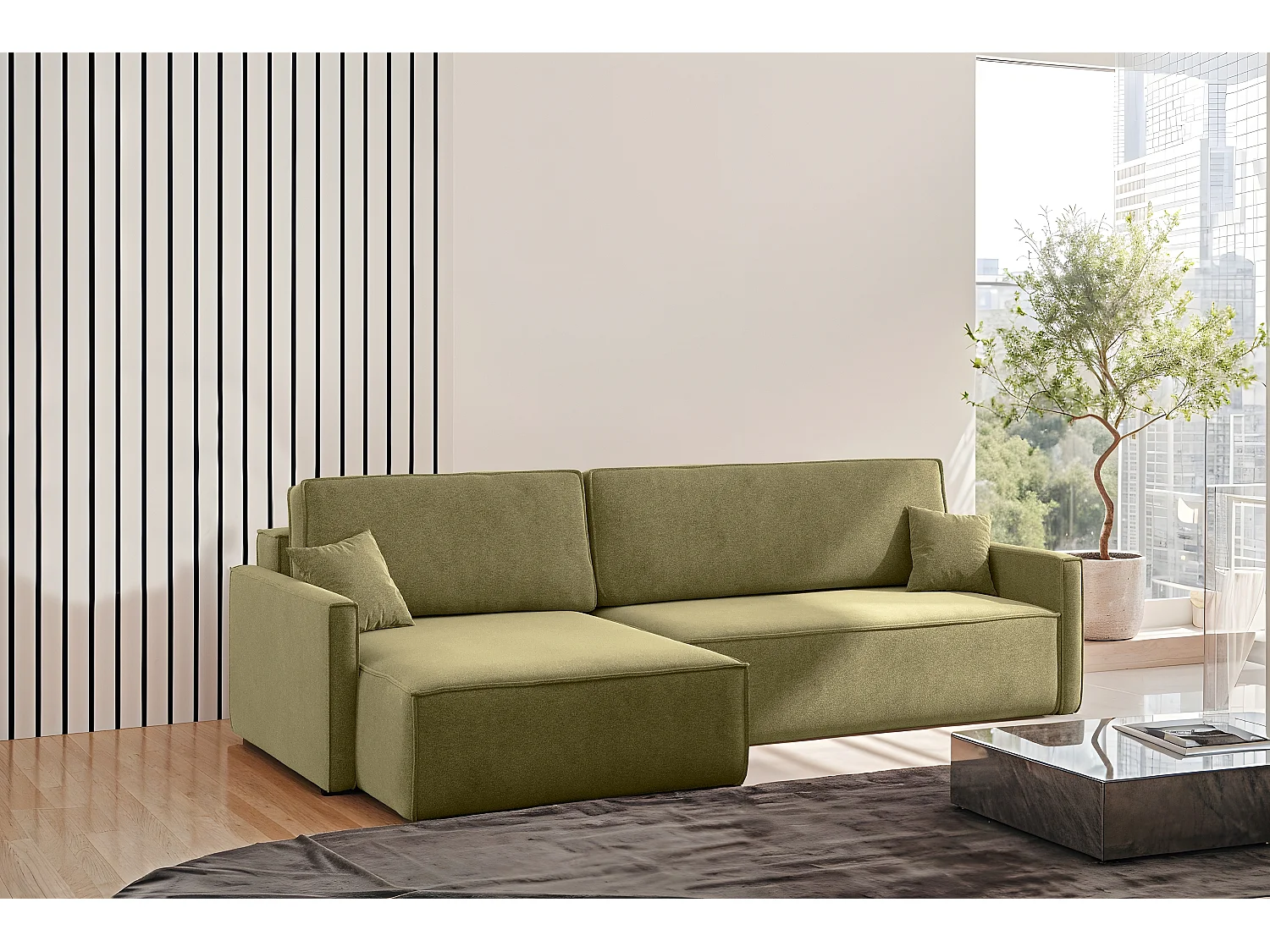 Schlafsofa Carlos L-Form, Ecksofa Mit Bettkasten Und Schlaffunktion Stoff Salvador Rechts Olive