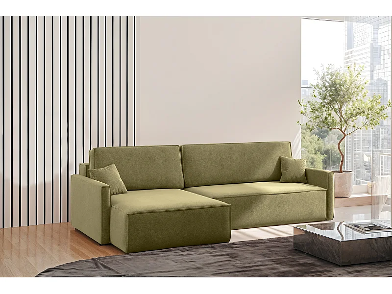 Canapé-lit en L Carlos, canapé d'angle avec coffre de lit et fonction couchage, tissu Salvador, droite, olive