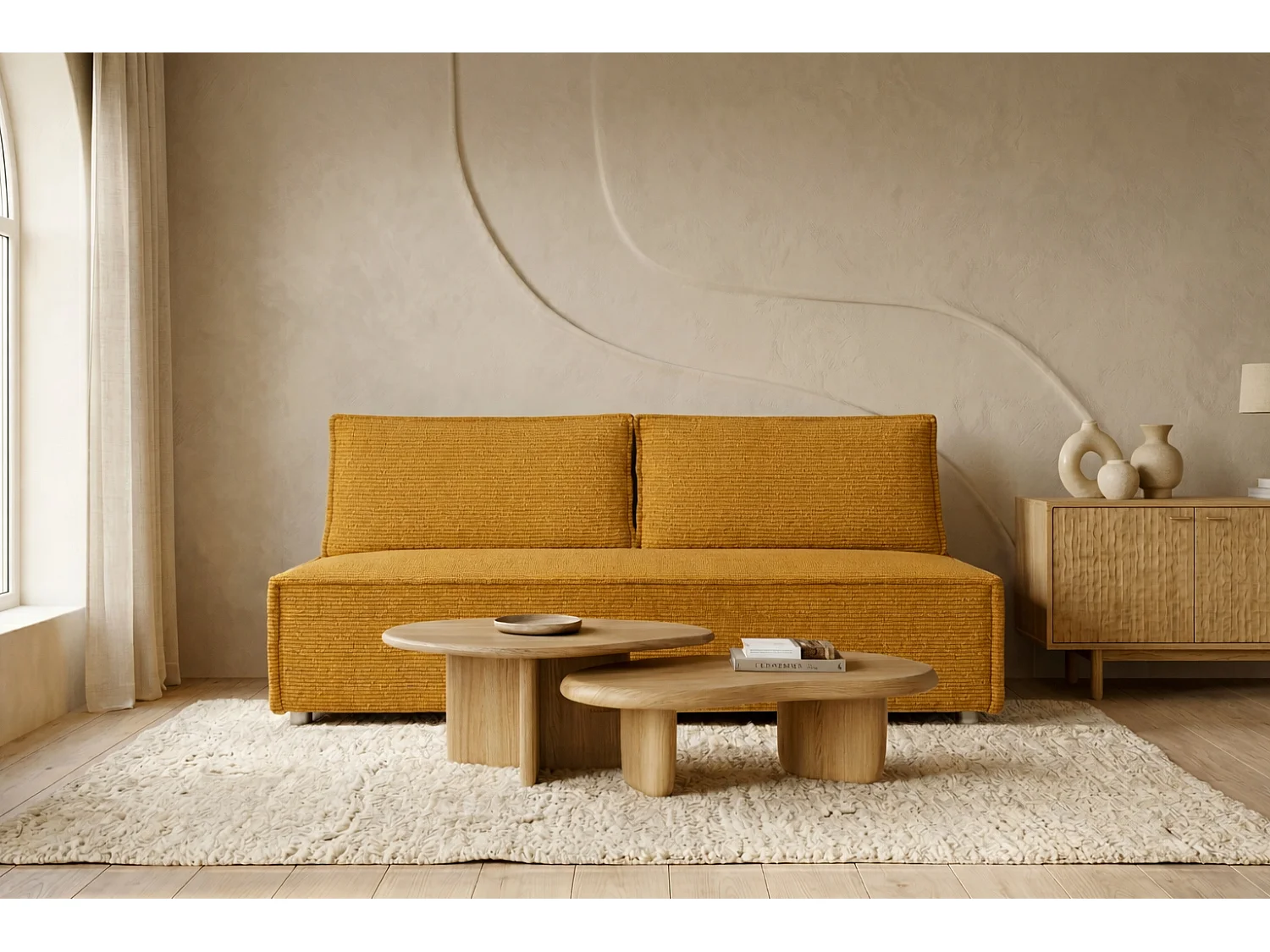 Canapé convertible DUO Poso en tissu - plusieurs coloris moutarde