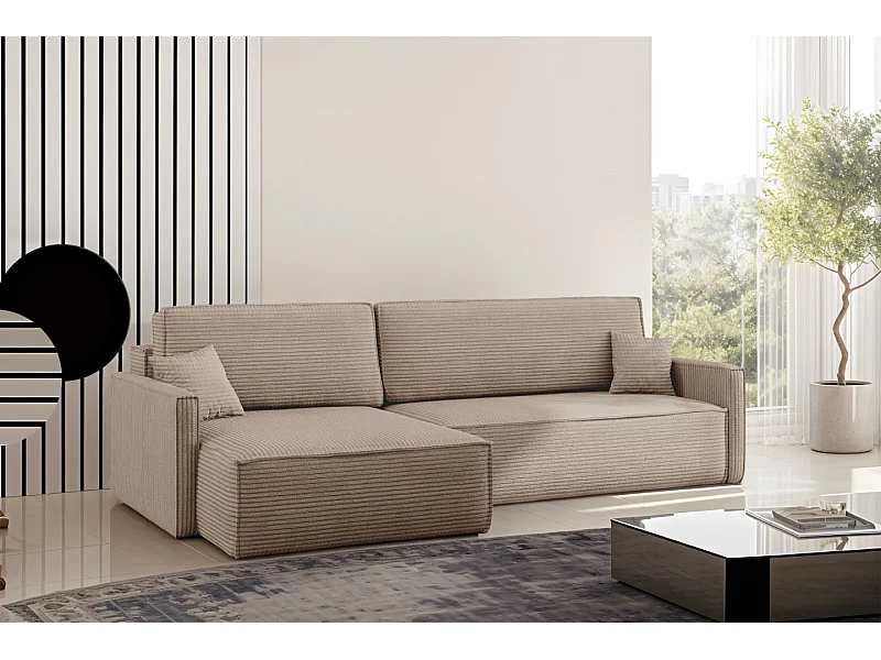 Schlafsofa Carlos, Ecksofa L-Form mit schlaffunktion und bettkasten Stoff Poso Dunkelbeige Links