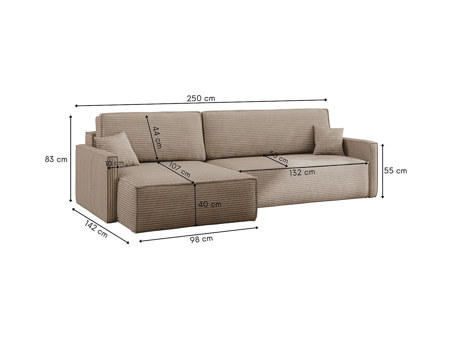 Canapé-lit Carlos, canapé d'angle en L avec fonction couchage et coffre de lit, tissu Poso beige foncé, gauche