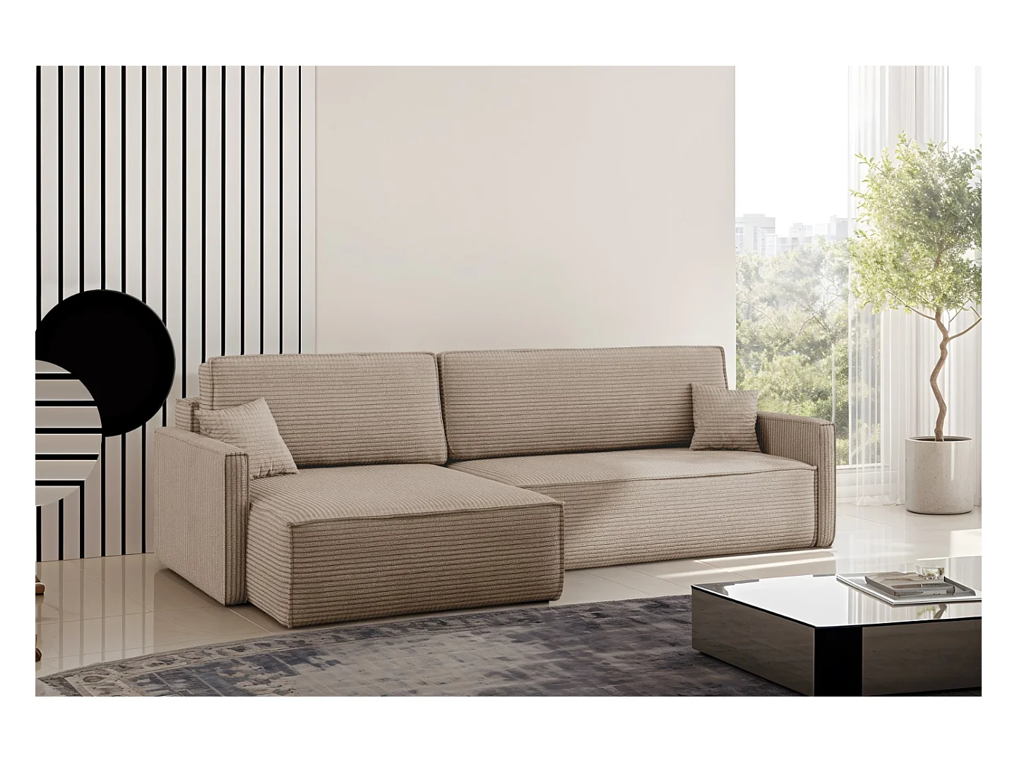 Schlafsofa Carlos, Ecksofa L-Form mit schlaffunktion und bettkasten Stoff Poso Dunkelbeige Links