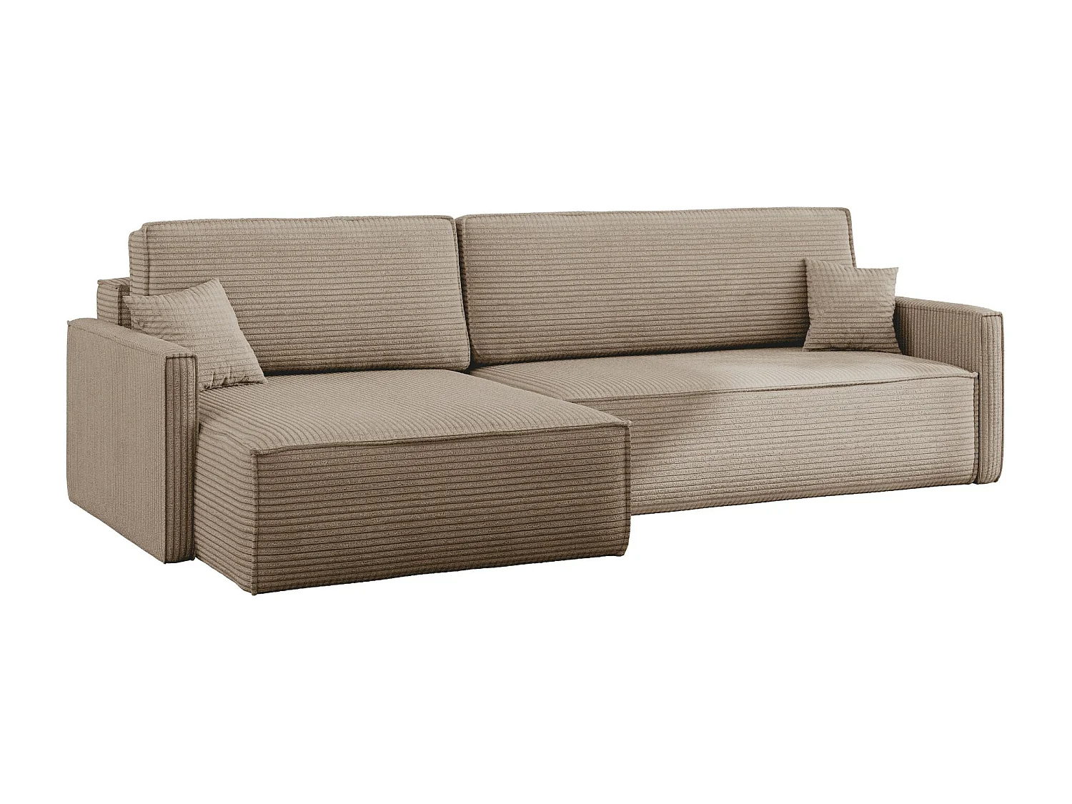 Canapé-lit Carlos, canapé d'angle en L avec fonction couchage et coffre de lit, tissu Poso beige foncé, gauche