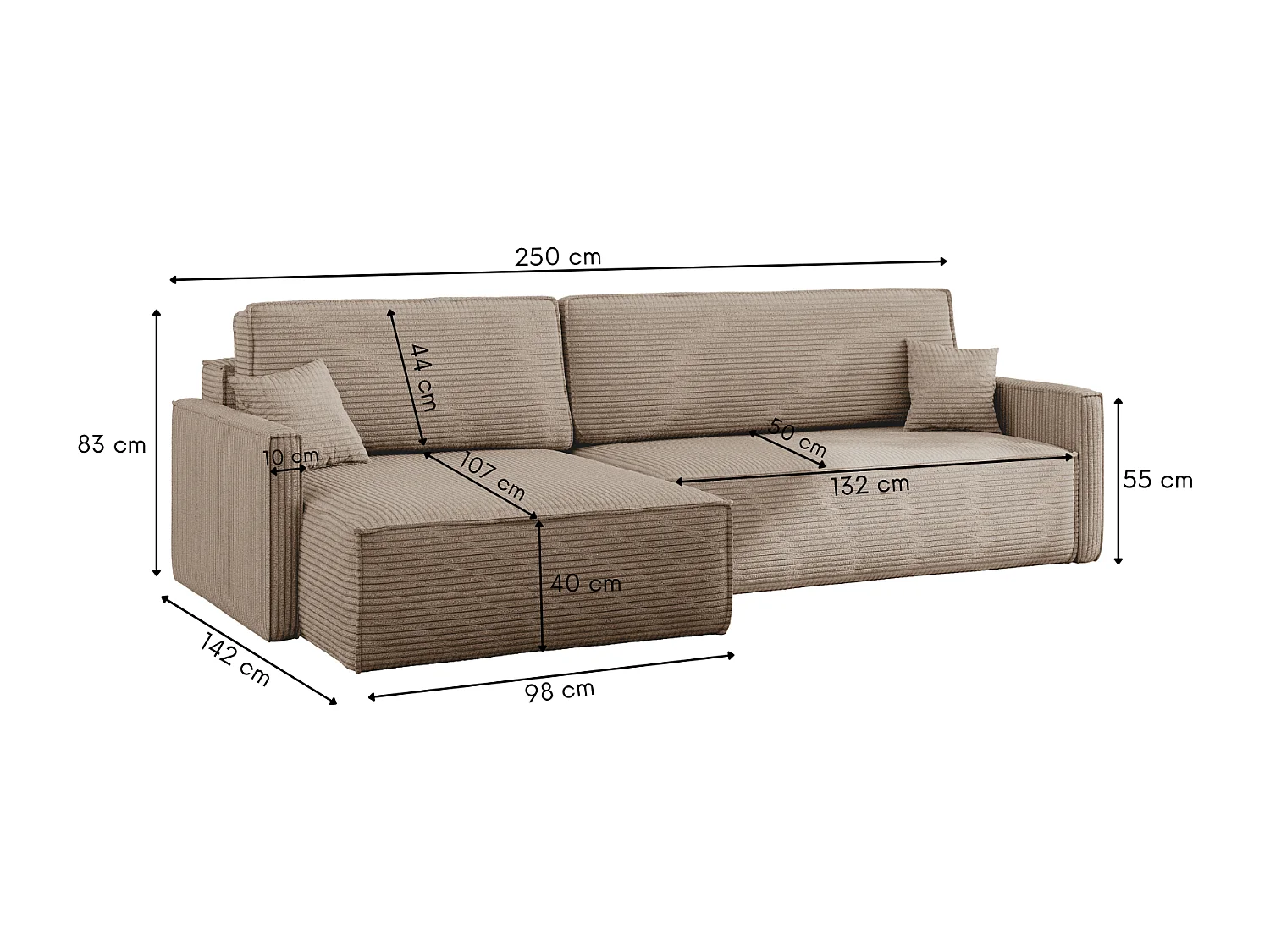 Canapé-lit Carlos, canapé d'angle en L avec fonction couchage et coffre de lit, tissu Poso beige foncé, gauche