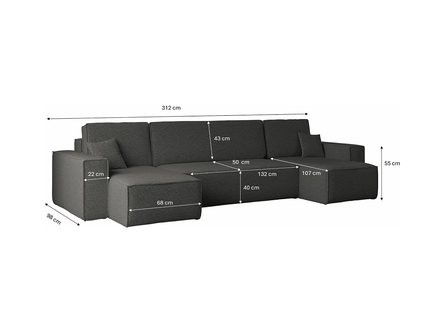 Ecksofa mit schlaffunktion und bettkasten, Sofa U-form, Couch U-form BEST stoff Abriamo Graphit