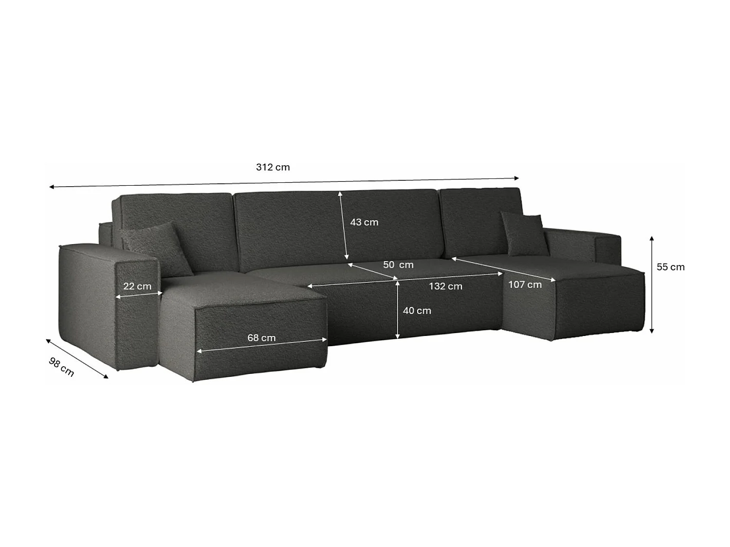 Canapé d'angle avec fonction couchage et coffre de lit, Canapé en U, Canapé en U BEST tissu Abriamo Graphite