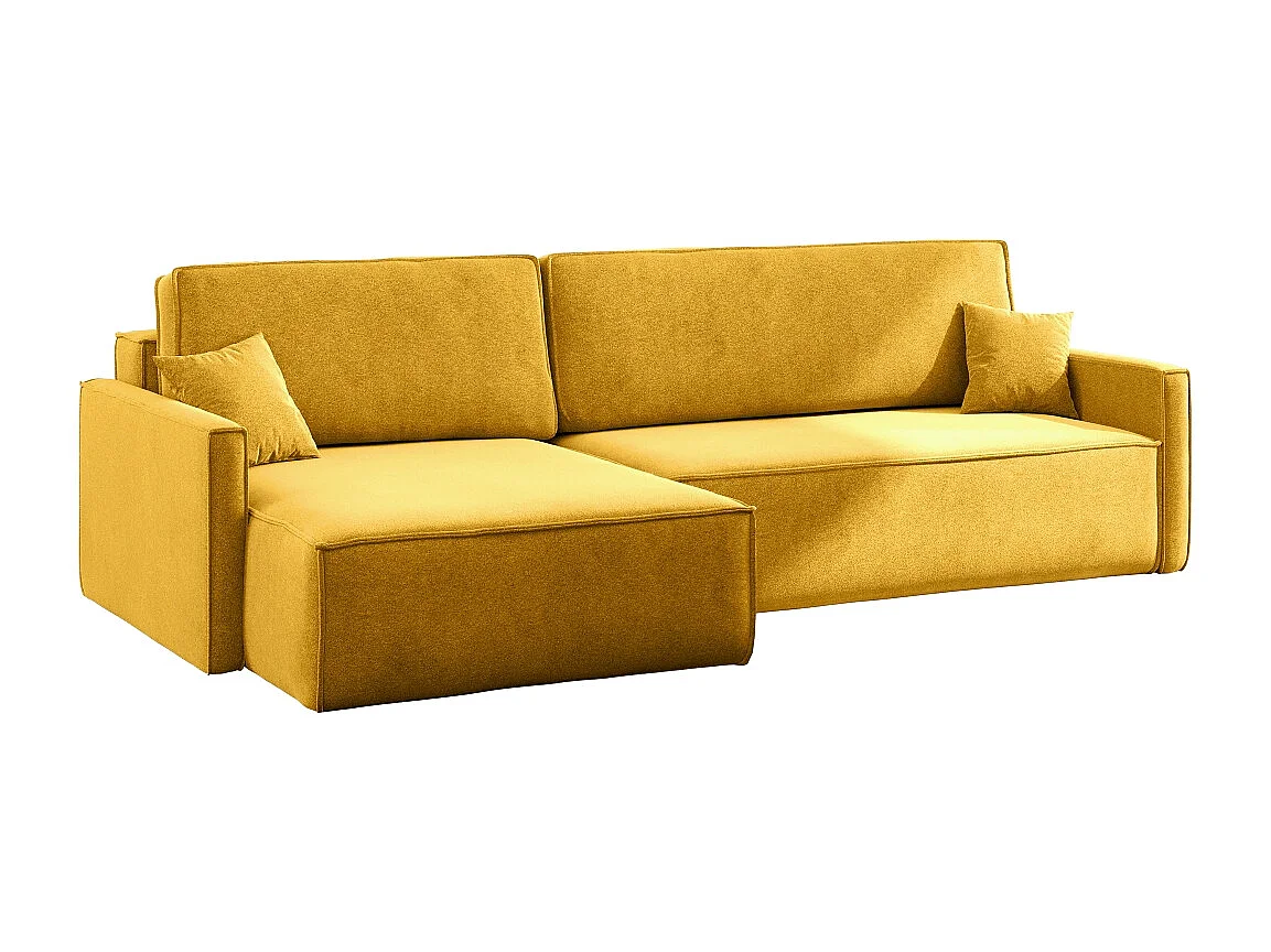Canapé-lit en L Carlos, canapé d'angle avec coffre de lit et fonction couchage, tissu Salvador gauche jaune