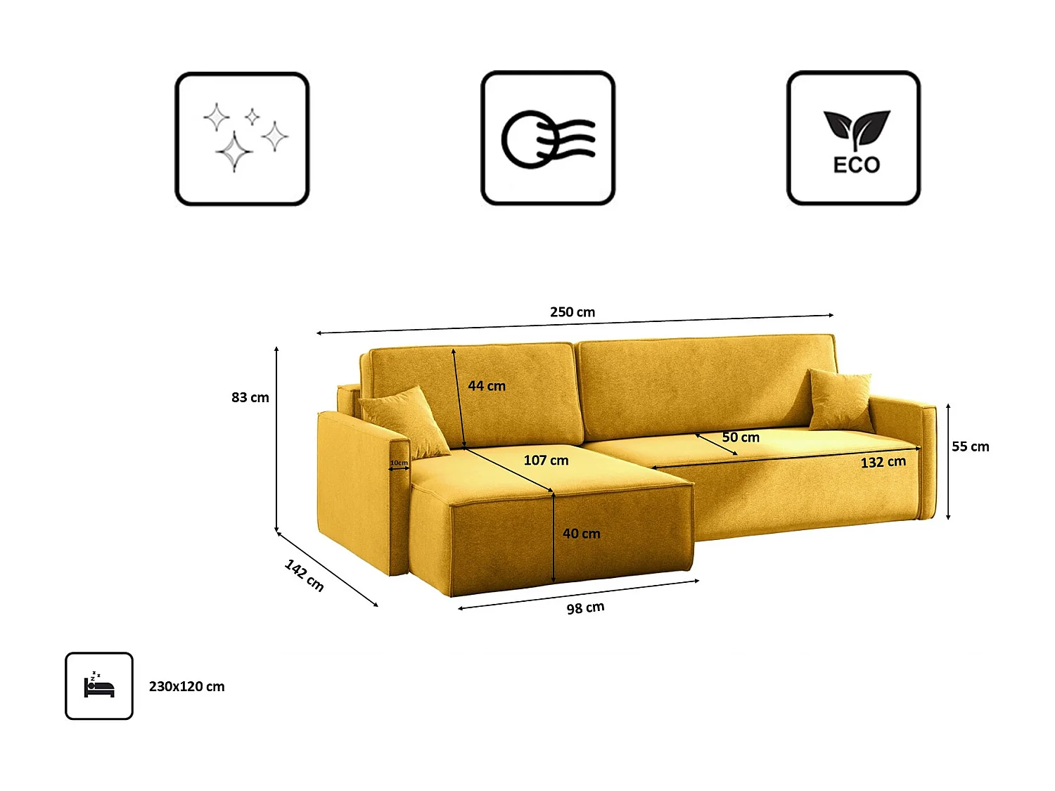 Canapé-lit en L Carlos, canapé d'angle avec coffre de lit et fonction couchage, tissu Salvador gauche jaune