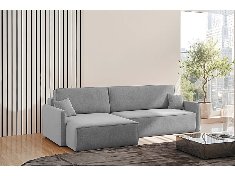 Canapé-lit en L Carlos, canapé d'angle avec coffre de lit et fonction couchage, tissu Salvador Left Grey